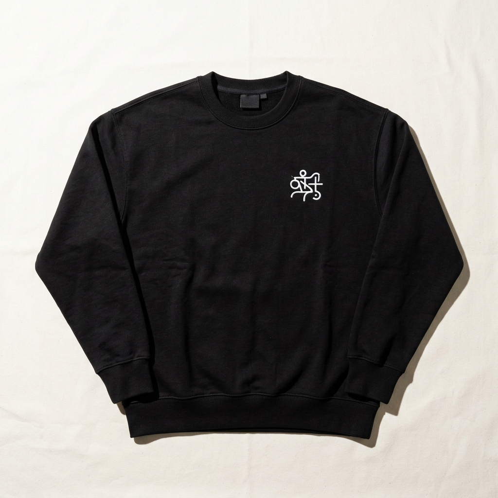 Black crewneck sweatshirt with white embroidered chest mark