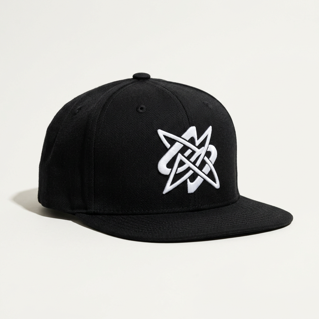 Black structured snapback with white embroidery