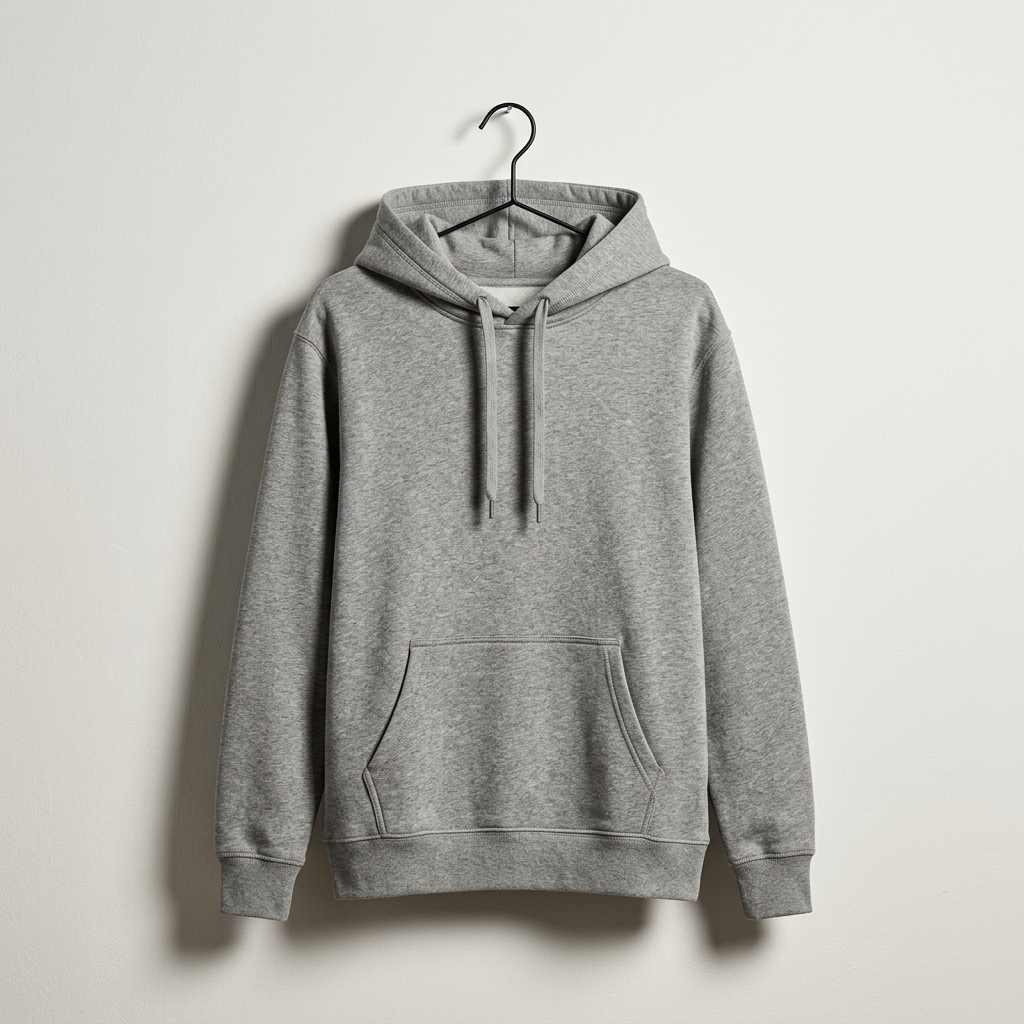 Heather grey pullover hoodie on a hanger