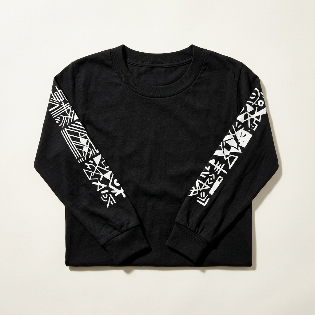 Black long sleeve tee with white sleeve prints