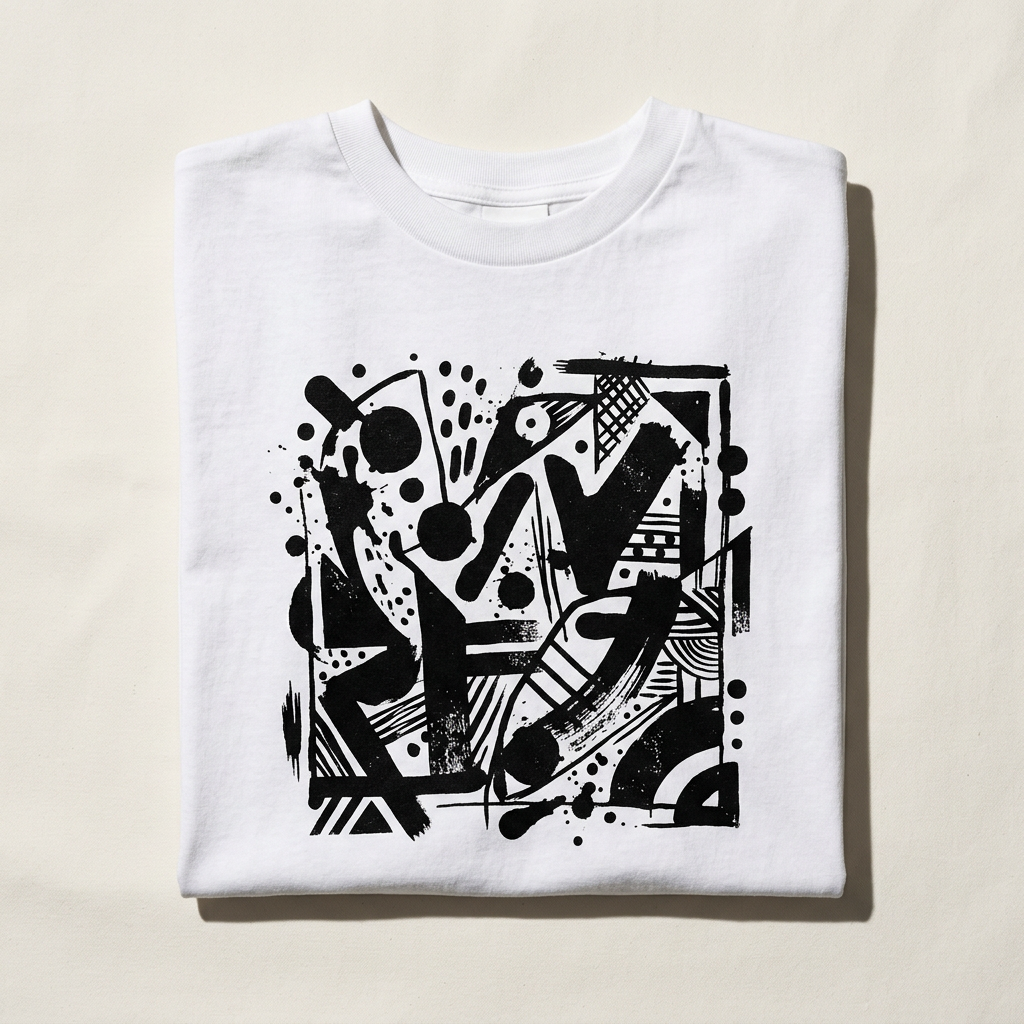 White heavyweight tee with black abstract print