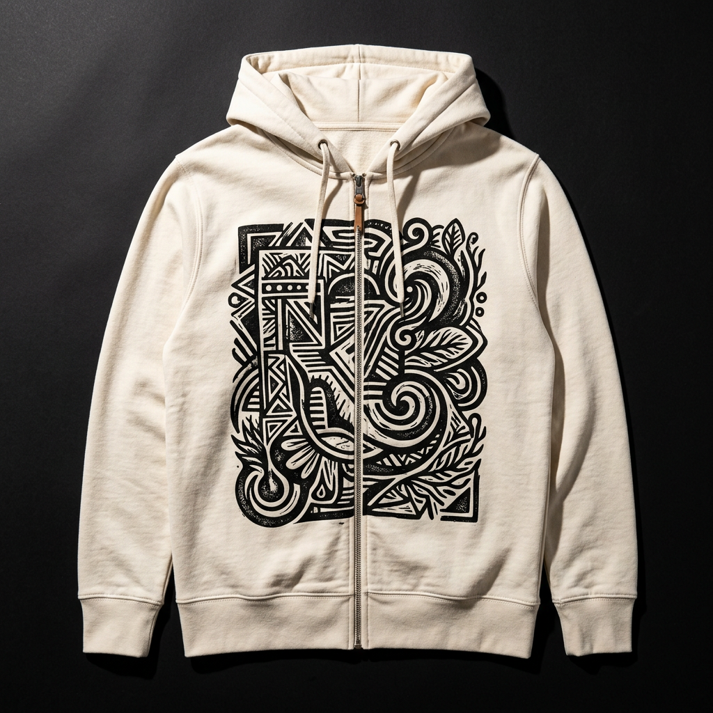 Off-white zip hoodie with a large black back print